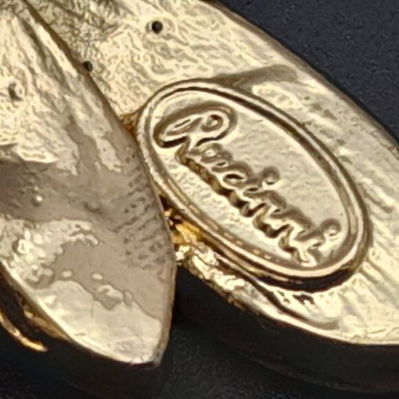 Bee Gold Plated Brooch, Insect Pin Clear Black Yellow Rhinestones Signed Ricinni - Picture 8 of 11